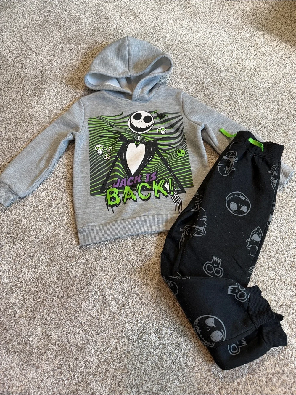 Disney Kids Matching Set Gray and Black with Green Jack Skellington Graphic - 5T